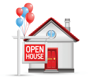 A 3D illustration of a detatched house with a sign outside that reads "open house".